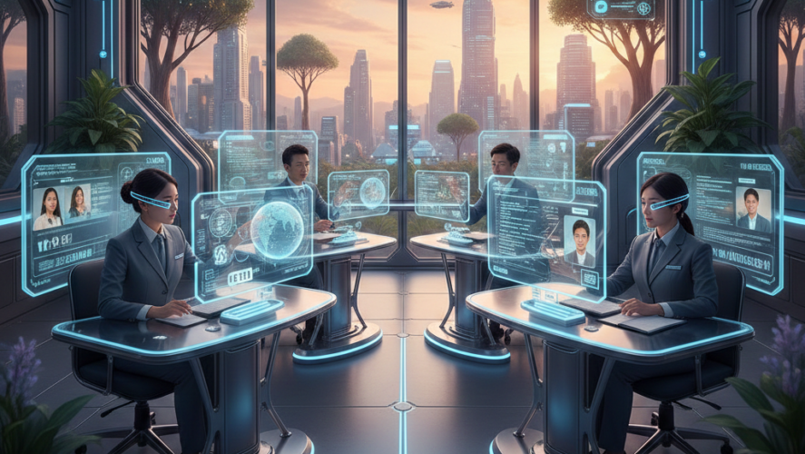 Futuristic view of teachers giving online tuition in Singapore Futuristic view of teachers giving online tuition in Singapore